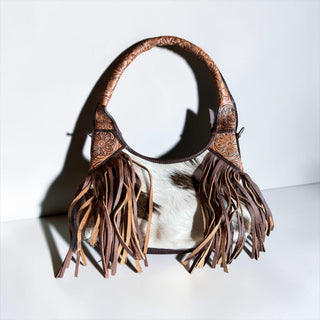 Brown cowhide fringe shoulder bag
