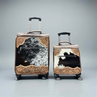 Brown tooled leather & cowhide luggage