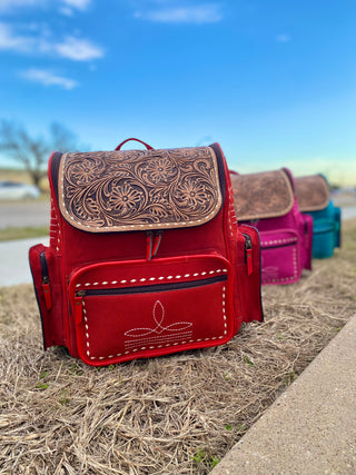 Red BootStitch Suede Leather & Tooled Backpack