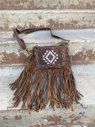 Aztec Rustic Leather Fringe Crossbody