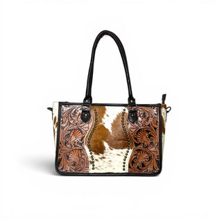 Brown tooled leather & cowhide tote bag