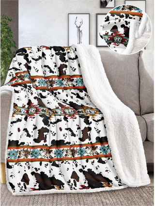 Aztec & Cowprint Inspired Sherpa Throw Blanket - Queen Size