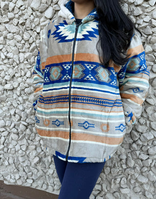 Cream & Blue Western Fleece Sherpa Jacket