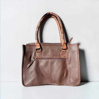 Brown tooled leather & cowhide tote bag