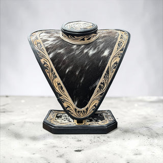 Tan tooled leather & cowhide necklace display
