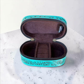 Turquoise tooled leather mini jewelry box