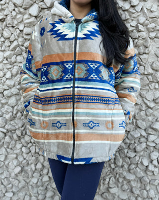 Cream & Blue Western Fleece Sherpa Jacket