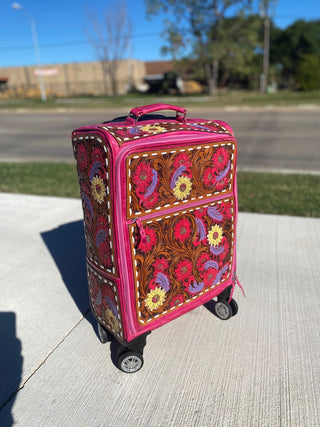 Pink Floral Tooled Leather Rolling Luggage