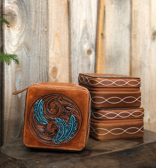 Feathers Turquoise Leather Tooled Mini Jewelry Box