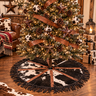 Fringe tooled leather & cowhide tree skirt