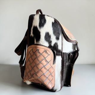 Basketweave tooled leather & cowhide backpack