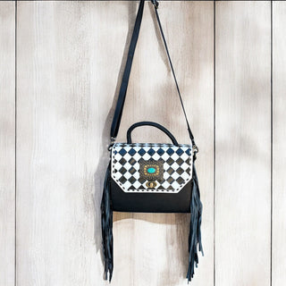 Checker tooled leather fringe crossbody bag
