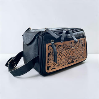 Black tooled leather toiletry bag