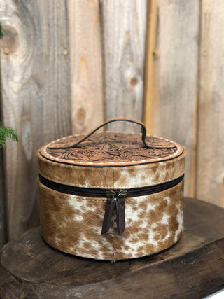 Round Cowhide Tooled &  Leather Jewelry Box