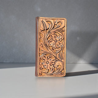 Tan tooled leather wallet