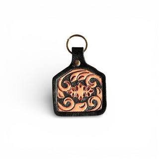 Floral tooled leather & cowhide keychain