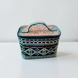 Turquoise Aztec embossed leather makeup bag