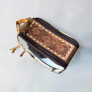 Brown tooled leather & cowhide  toiletry bag