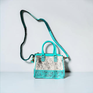 Turquoise tooled leather & cowhide mini speedy bag