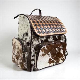 Brown checker tooled & cowhide backpack