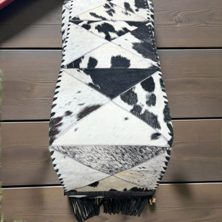 6ft Black tooled leather & cowhide table runner