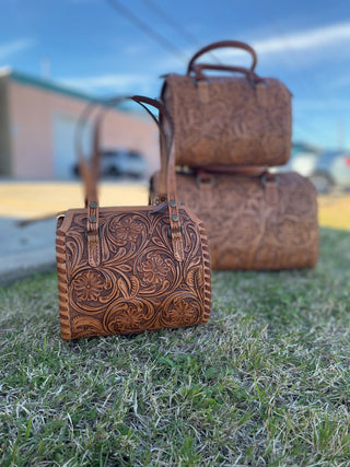 Small Tan Floral Tooled Leather Speedy Duffle Bag