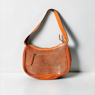 Tan tooled leather & cowhide shoulder bag