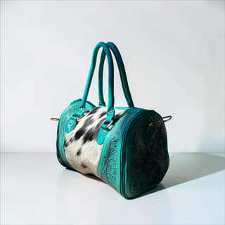 Turquoise tooled leather & cowhide speedy bag