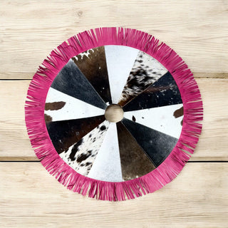 4’ pink fringe cowhide Christmas tree skirt