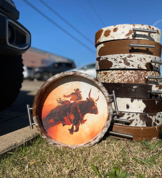 Round Cowhide Painted Cowboy Tray