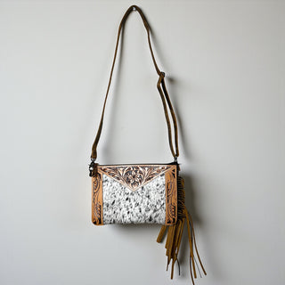 Brown tooled leather & cowhide crossbody bag