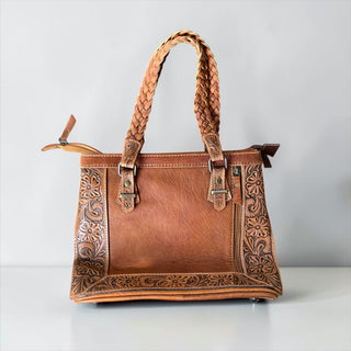 Tan cowhide & tooled leather cowhide shoulder bag