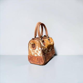 Brown tooled leather & cowhide mini speedy bag