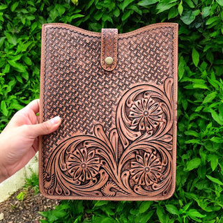 Tan tooled leather iPad cover