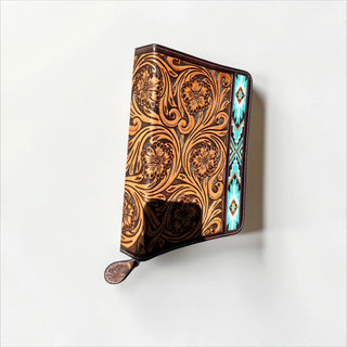 Blue Aztec floral tooled leather bible cover