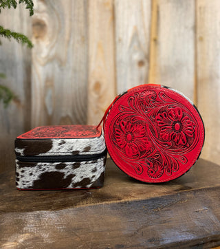 Red Tooled Leather & Cowhide Round Jewelry Box