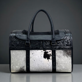 Black tooled leather & cowhide pet carrier