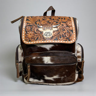Bull tooled leather & cowhide backpack