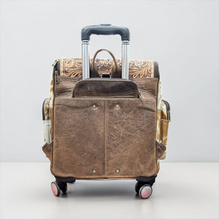 Tooled leather & cowhide rolling backpack