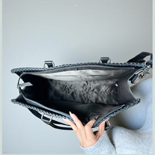 Red checkered tooled leather & cowhide tote bag