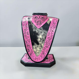 Pink tooled leather & cowhide necklace display