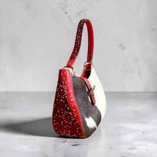 Red tooled leather & cowhide shoulder bag