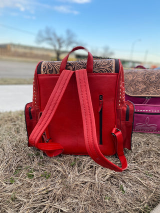 Red BootStitch Suede Leather & Tooled Backpack