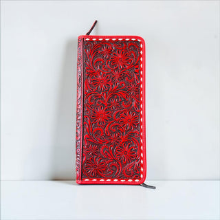 Red floral tooled leather jewelry wallet