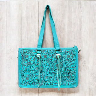 Turquoise tooled leather tote bag