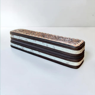 Brown tooled leather & cowhide iron case