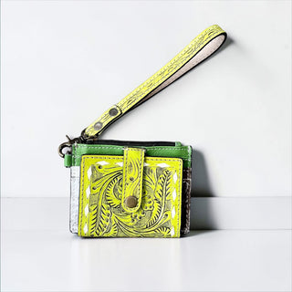 Green yellow tooled leather wristlet wallet