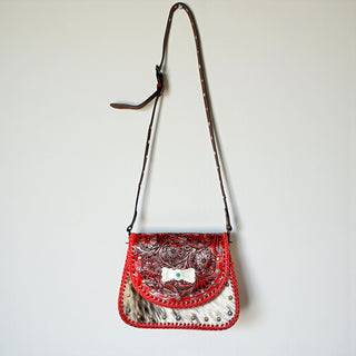 Red tooled leather & cowhide crossbody bag