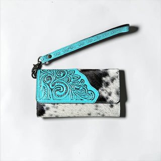 Turquoise tooled leather & cowhide wallet