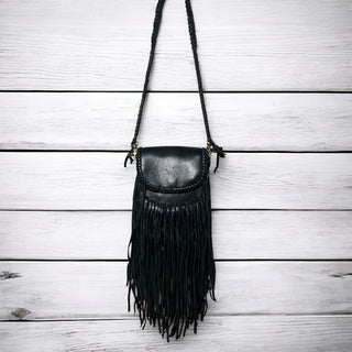 Black leather small fringe crossbody bag